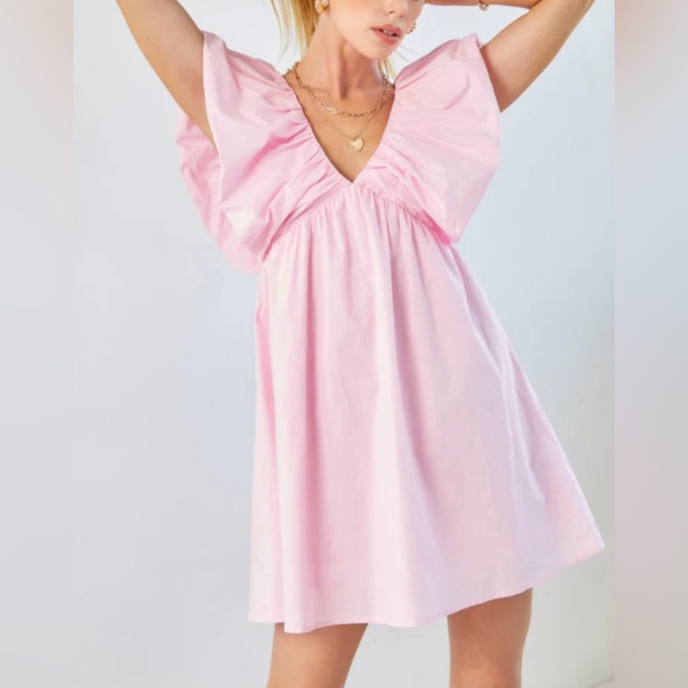 Cousin Couture Pink 100% Cotton Ruffled Puff Sleeve V-Neck A-Line Flare Dress, M